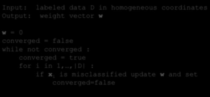 converged : converged = true for i in 1,, D : if x i is misclassified update and set converged=false The algorithm makes sense, but let s try to derive it in a