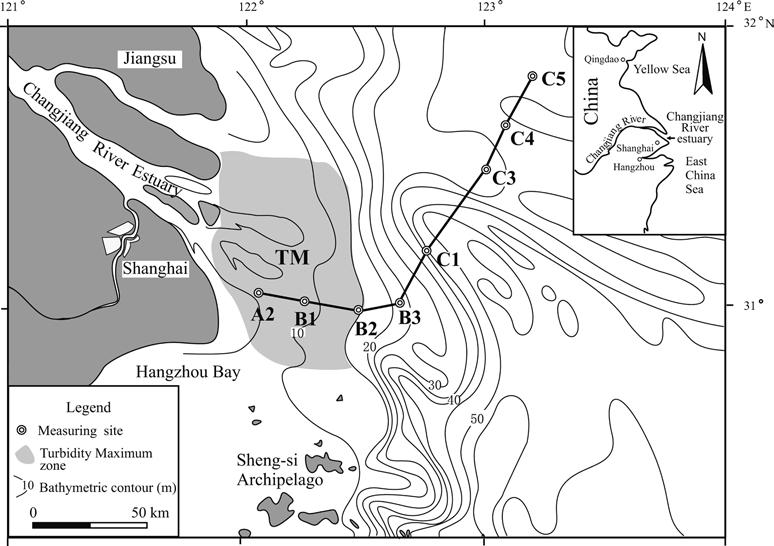 253 tidal current and estuarine front processes over a tidal cycle in and off the turbidity maximum (TM) zone of the Changjiang Estuary (Shen and Pan 2001).