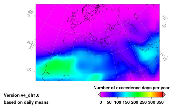 Exceedance days per year direct irradiance desert dust only Number of days with a direct irradiance