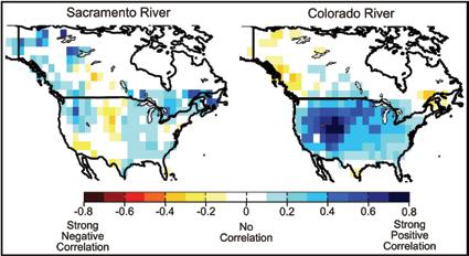 FIGURE 3 Correlations between river flow and regional geographic patterns of Palmer Drought Severity for the Sacramento and Colorado rivers.