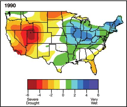FIGURE 5 The geographic extent of drought during 1990, measured using the Palmer Drought Severity Index (from http://www.ncdc.noaa.gov/paleo/pdsiyear.html). same time.