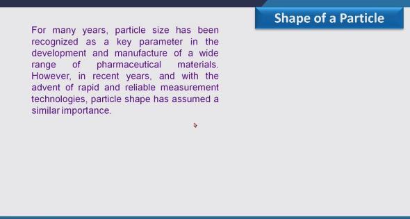 (Refer Slide Time: 00:49) The shape of a particle for many years particle size has been recognized as a key parameter in the development and manufacture of a wide range of pharmaceutical materials.