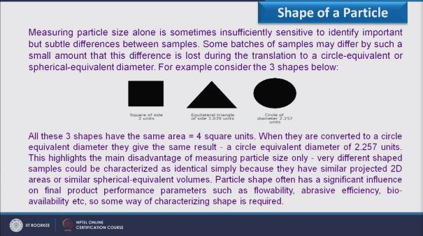 (Refer Slide Time: 03:16) So this highlights the main disadvantage of measuring particle size only very different shape samples could be characterize has identical simply because they have similar
