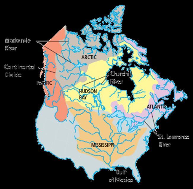 DRAINAGE BASINS Drainage basins are large areas where surface water all moves towards one main river Also known as watershed Run-off flows into streams and smaller rivers, which are tributaries of