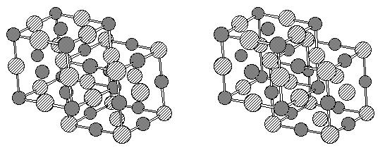 CsCl Structure - Each ion resides on a separate, interpenetrating SC lattice such that the cation is in the center of the