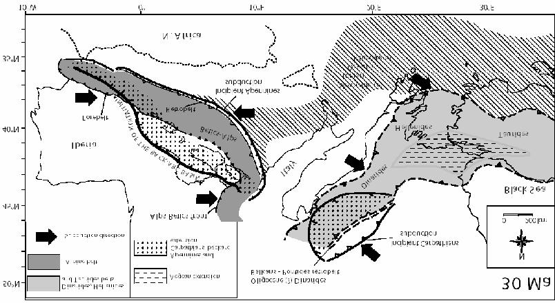 CARMINATI E. et alii Fig. 8 - Paleogeodynamics at about 30 Ma. The location of the subduction zones is controlled by the Mesozoic paleogeography.