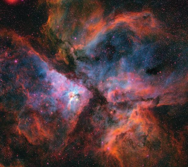 With more powerful telescopes it is seen to be quite unlike the Orion Nebula and rich in an astonishing variety of smaller structures such as the Keyhole Nebula, the Homunculus Nebula, and numerous