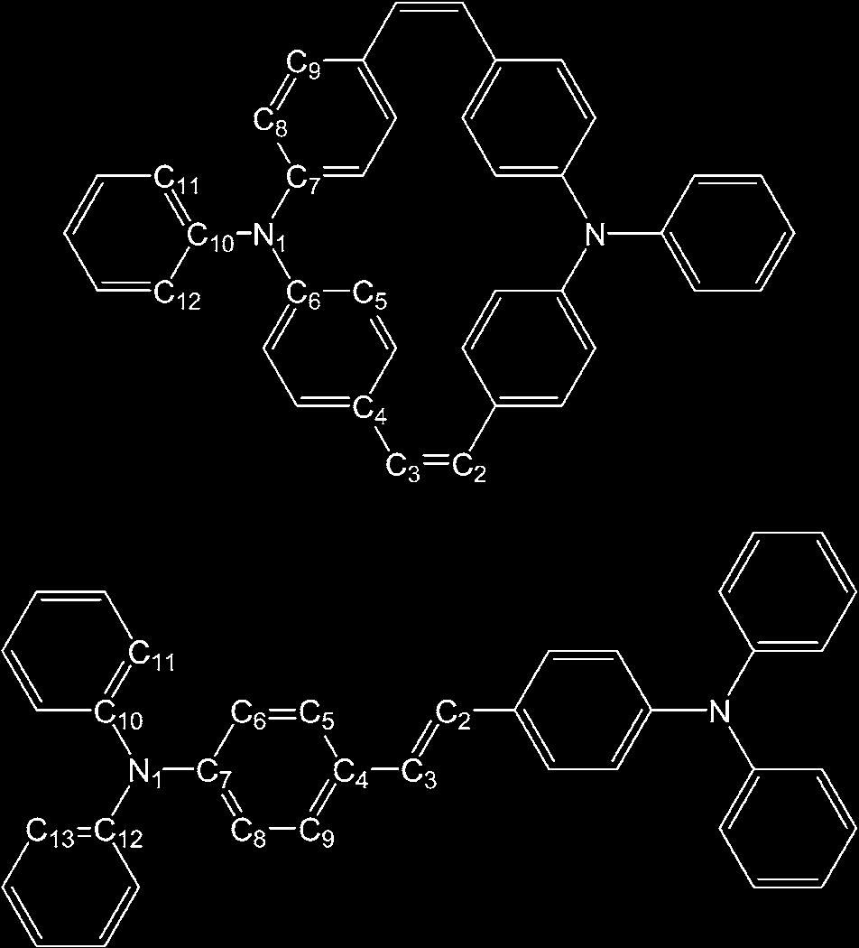 20 2 Hopping Mechanism Fig. 2.7 Chemical structure of the cyclic triphenylamine (denoted as compound 1, upper panel), and a linear analog (denoted as compound 2, lower panel). Reproduced from Ref.