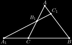 BC, AC, AB, respectively. Menelaus theorem (triangle version). Let ABC be a triangle and let A 1 BC, B 1 AC, C 1 AB, with none of A 1, B 1, and C 1 a vertex of ABC.