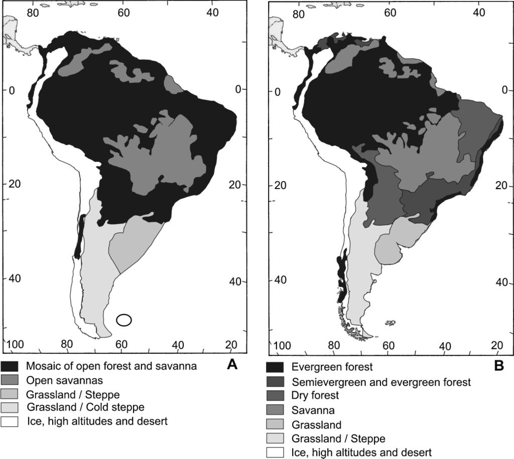 128 A.L. Cione et al. Figure 7.2. Map depicting plant distribution in South America (modified from Vivo and Carmignotto, 4). A. Last Glacial Maximum (the emerged shelf is depicted). B. Present day.