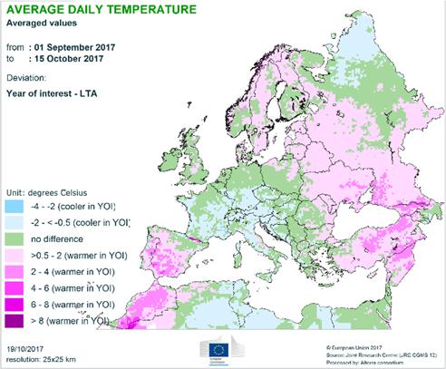 1.2 Meteorological review (1 September 15 October) Warmer-than-usual weather conditions prevailed in the Iberian Peninsula, eastern Bulgaria and Romania, the Baltic countries and a considerable part