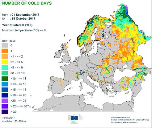 In the eastern half of Europe (except the most northern areas), the second dekad of September was much warmer than usual (by up to 9 C).