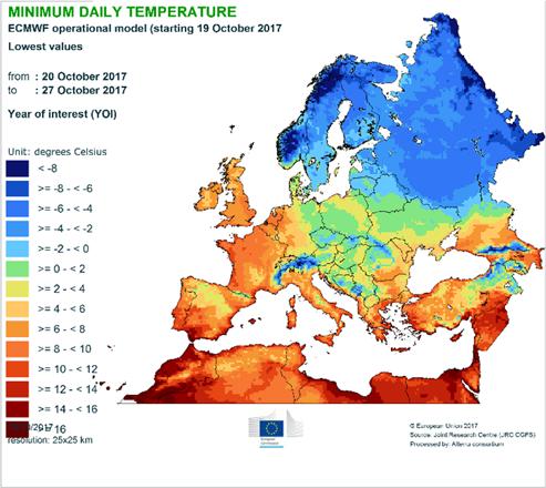 anomalies expected to lie within 2 C and 0.5 C. Colder conditions are forecast in Russia and large areas of Estonia, Latvia, Lithuania and Belarus, with anomalies of between 4 C and 2 C.