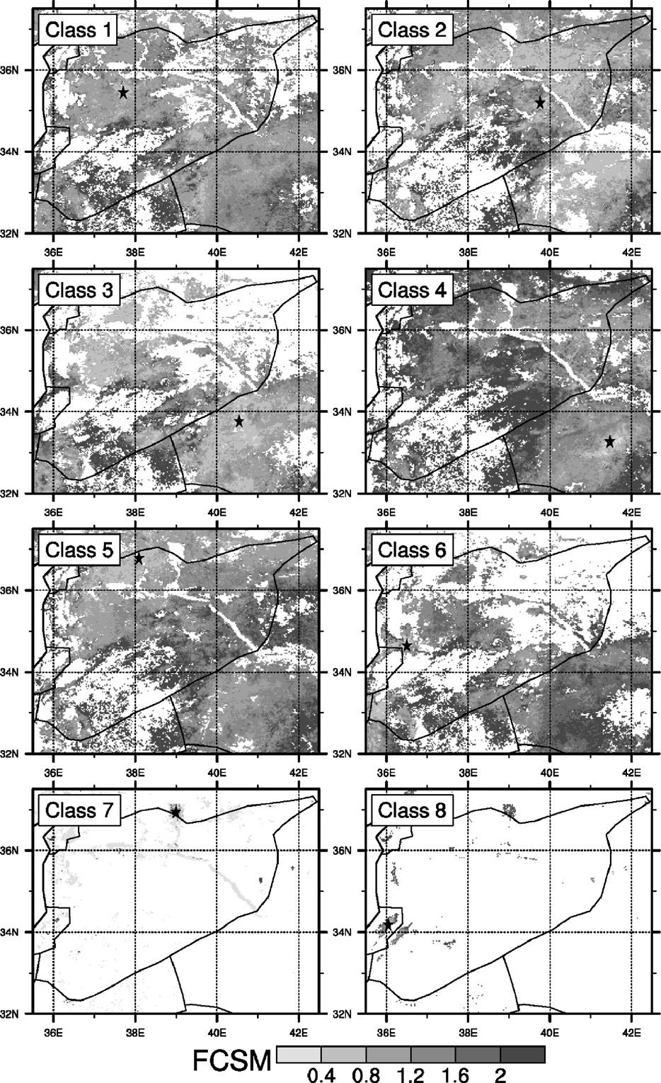 J.P. Evans, R. Geerken / Remote Sensing of Environment 105 (2006) 1 8 5 Fig. 2. FCSM maps for each class. The star indicates the location of the reference pixel for each class.
