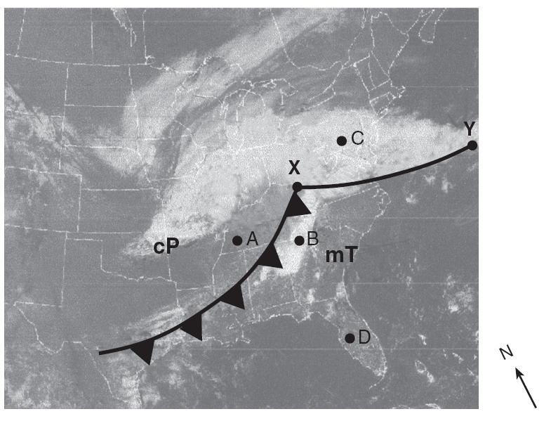 Base your answers to questions 16 through 20 on the satellite image shown below. The satellite image shows a lowpressure system over a portion of the United States.