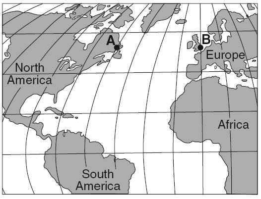 Base your answers to questions 45 and 46 on the map below, which shows locations A and B on Earth s surface at the same distance from the ocean, at the same elevation above sea level, and at the same