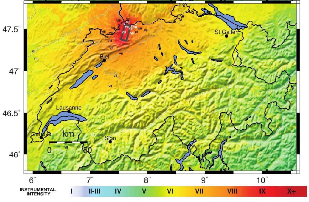 Figure 1. Shakemap for an earthquake scenario similar to the historical Basel Mw 6.6 event in 1356 (modified from Cauzzi et al., 2015).