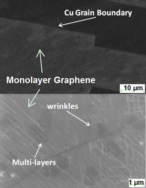 Figure 3-12: Typical SEM images of CVD grown graphene on a copper foil.