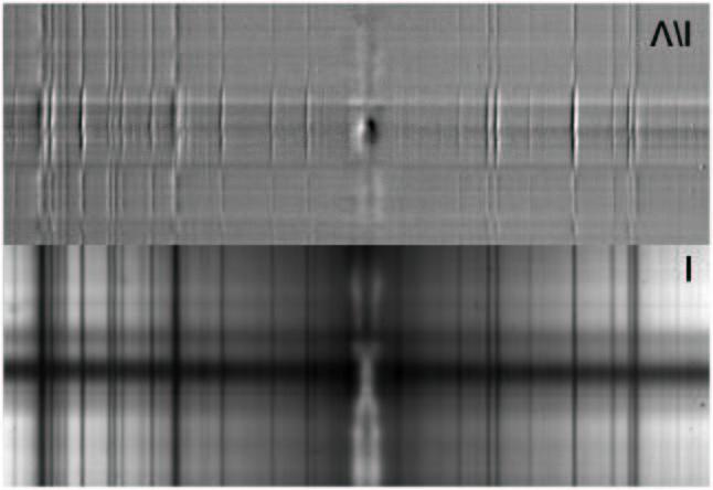 J.-M. Malherbe: Spectro polarimetry with Crystal Liquids 207 Fig. 10. CaII K 393.3 nm intensities (top) and Stokes V/I (bottom). In abscissa: the wavelength; in ordinates: the solar direction.