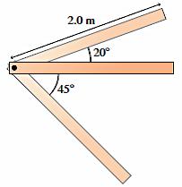 68. ** The 2.0 m long, 15 kg beam in the figure shown below is hinged at its left end.
