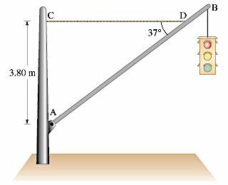 75. ** A traffic light hangs from a pole as shown below. The uniform aluminum pole AB is 7.50 m long and has a mass of 12.0 kg. The mass of the traffic light is 21.5 kg.