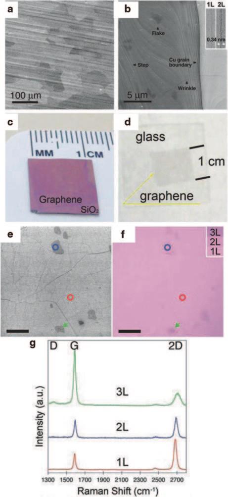 2.2 Synthesis Methods of Graphene and Graphene Oxide 37 Fig. 2.4 CVD-grown graphene on Cu foil [10]. a SEM image of graphene grown for 30 min.