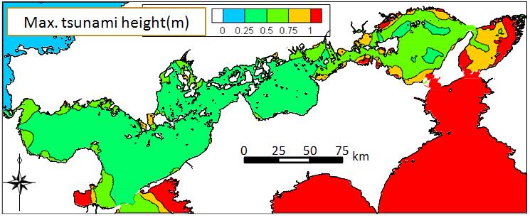 From simulation result, tsunami height in the Seto inland sea was less than 1m, except Osaka bay and Harima-nada sea areas.
