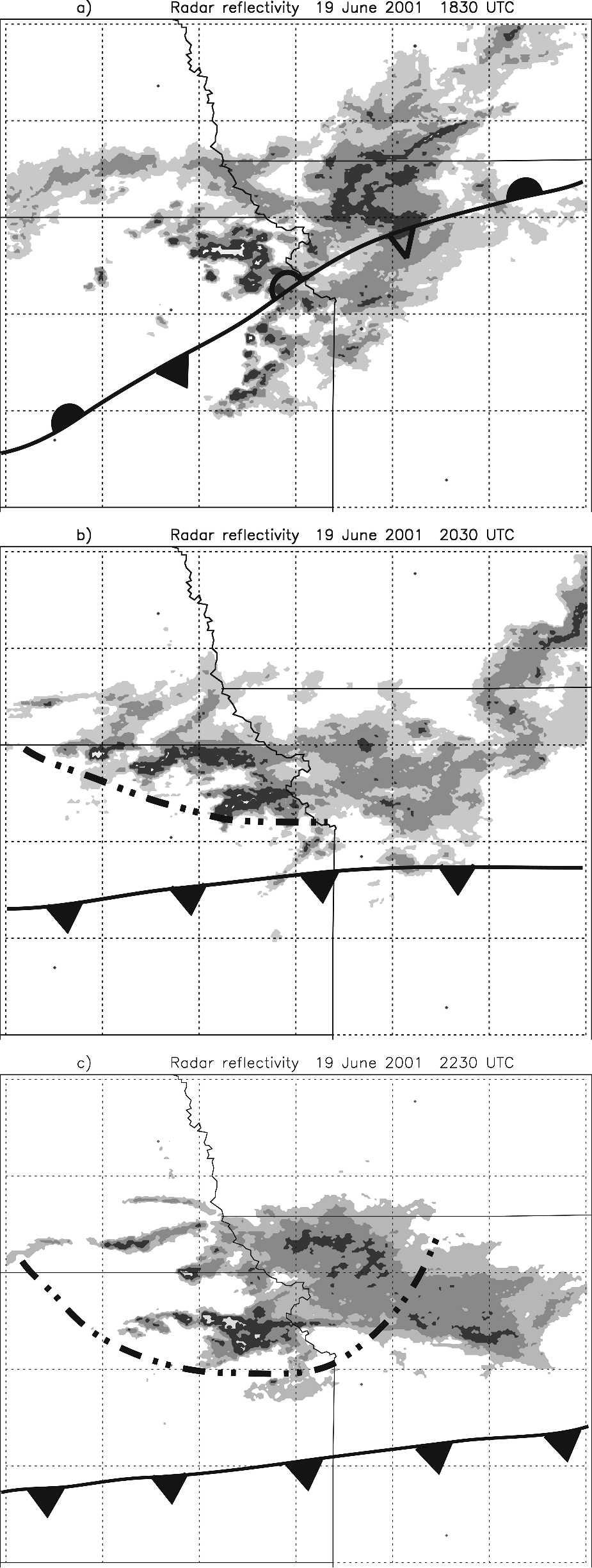 970 M O N T H L Y W E A T H E R R E V I E W VOLUME 133 FIG. 8. As in Fig. 5, except for BB MCS extreme rain event at (a) 0300, (b) 0600, and (c) 0900 UTC 7 May 2000.