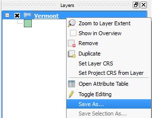 layer in the map, so QGIS sets the project s coordinate system to match. Also note that on the fly CRS transformation is not enabled, therefore, we are seeing Vermont in an unprojected state.