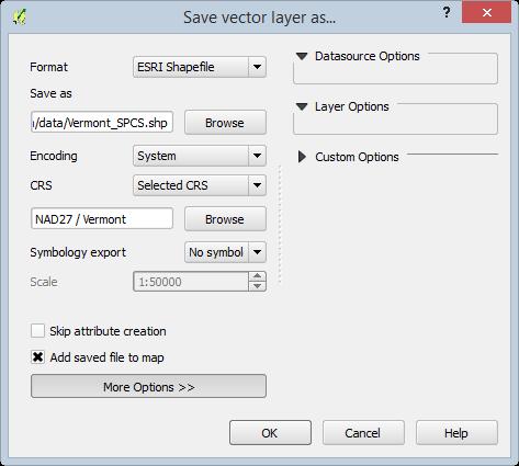 Figure 20: Save vector layer as Dialog Box 4. Set the following options to project the Vermont layer, save it to a new shapefile, and add it to the map (Figure 20 shows correct options). a. Format: ESRI Shapefile b.
