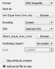 Figure 23: Save vector layer as Options 7. Click OK to save the new shapefile. The shapefile will be added as a new layer to the map. 8. Remove the USA States Area layer with the WGS 84 CRS. 9.