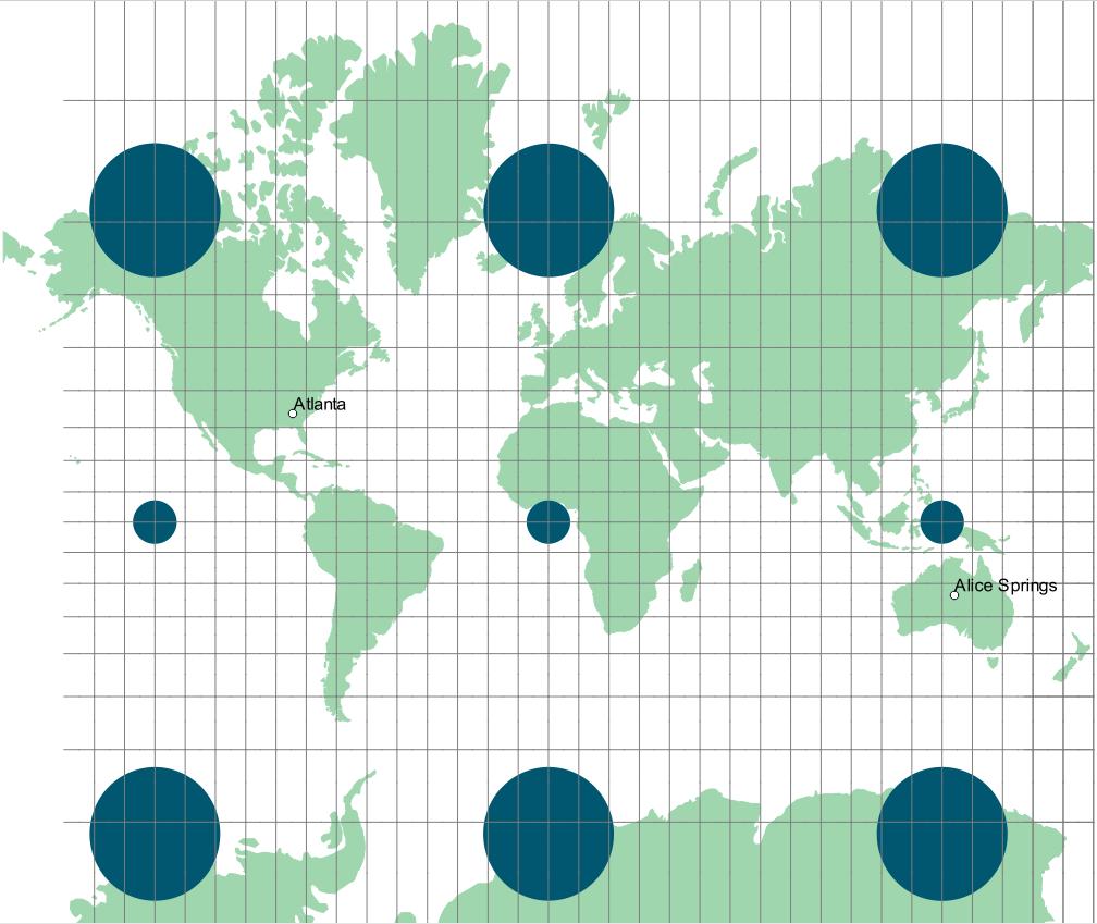 Figure 6: Mercator Map Projection The Mercator projection, a conformal projection (except at the poles), has straight meridians and parallels that intersect at right angles.