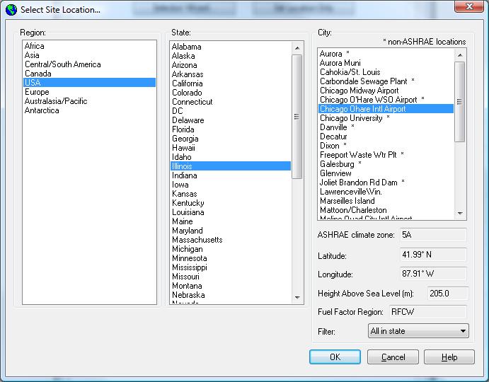 This shows the Select Site Location dialog. The location of the model can be defined by navigating through Region, Country/State/Province and City in that order.