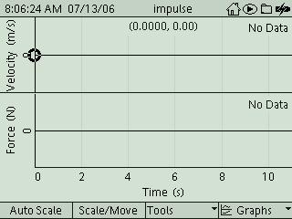 The Graph screen opens with a graph of Velocity (m) versus Time (s) and a graph of Force (N) versus Time (s). In other words, the graph shows the measurements from both sensors. 3.