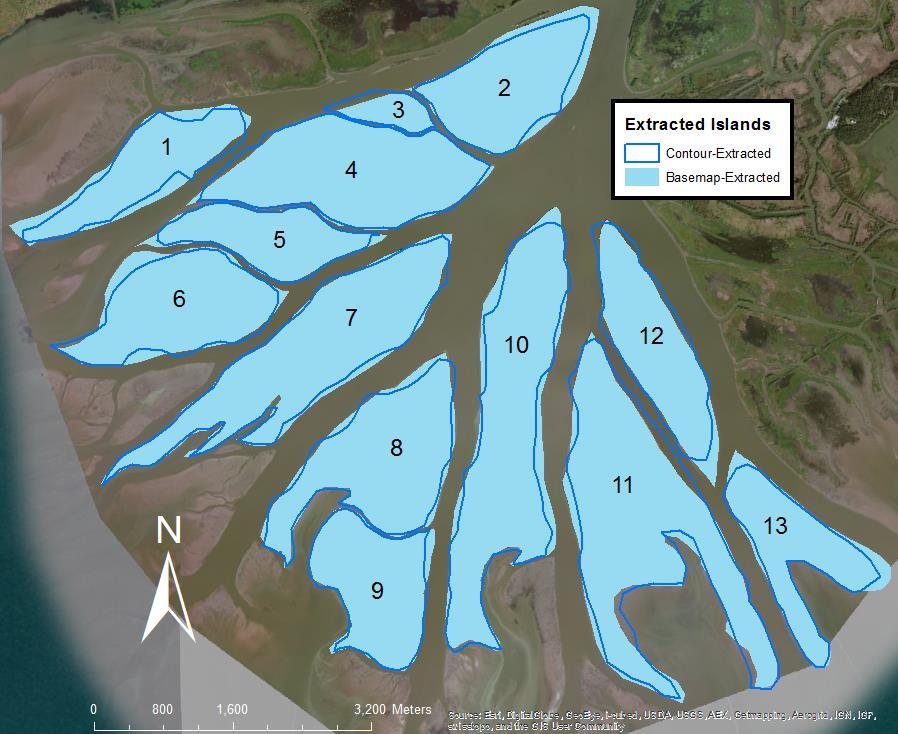 Island Area [km 2 ] Corey Van Dyk well the bathymetry compares with the satellite imagery. This comparison is demonstrated in Figure 14; island areas and percent discrepancies recorded in Table 1.