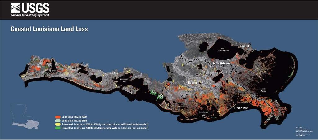 Figure 2: Past and project land loss and gain for coastal Louisiana, provided by USGS.