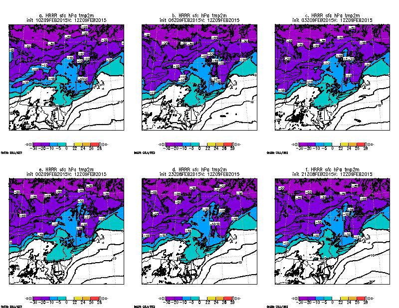 Figure 12. HRRR forecasts of 2m temperatures in 5C intervals shaded to show values below 0C.