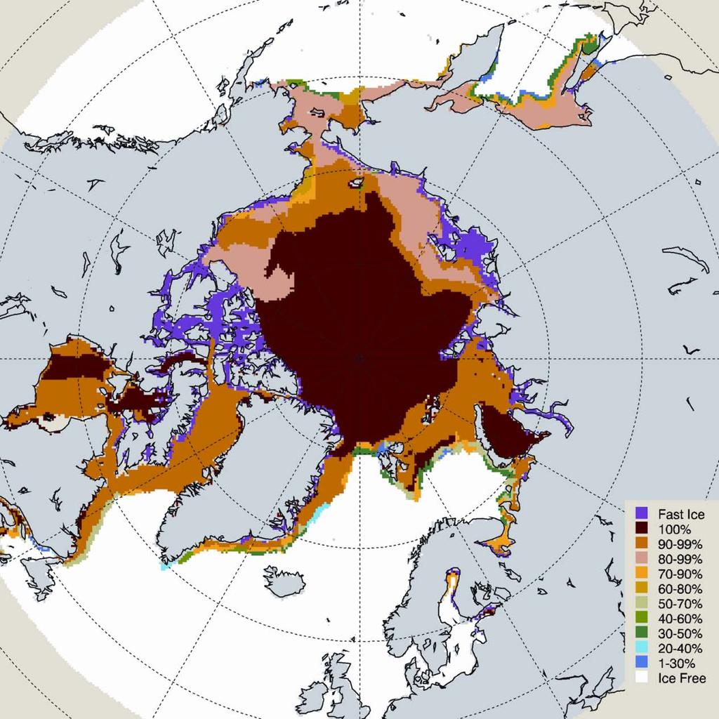 Ice concentration for the Arctic and peripheral seas (see color bar) for the period 5-11