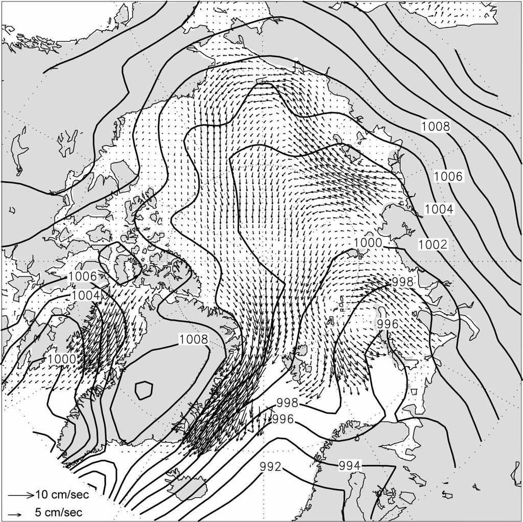 Mean pattern of sea ice drift in the Arctic for January 1989 based on SSM/I retrievals with overlay of sea level pressure from NCEP/NCAR [ice drift field courtesy of C.