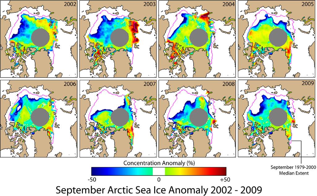 September ice extent (all colored regions) and anomalies in ice concentration (see color bar) for the years 2002 through 2009. Each panel shows the median September ice extent.