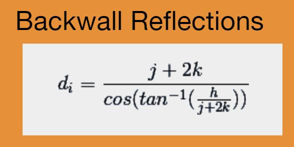 Formulas for the distance of the first reflection for a lateral, ceiling, and back wall reflection (listed from left to right).