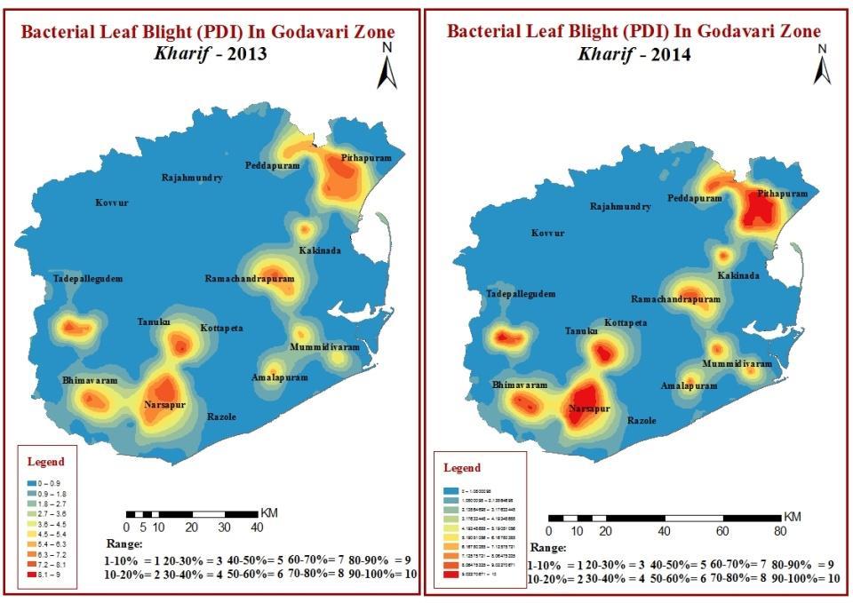 Fig. 5, Spatial & Temporal variability of BLB pest incidence in Godavari agroclimatic zone Spatio-temporal assessment of Helicoverpa of pigeonpea Spatio-temporal distribution of Helicoverpa armigera,