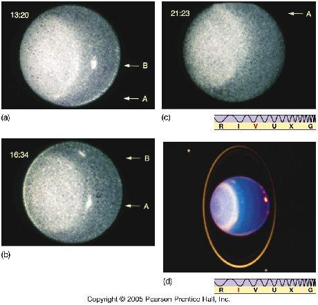 While no major activity is visible to the naked eye, computer enhanced images do show some storms in Uranus' atmosphere The last image is in infrared, which shows much