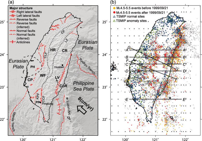892 Y.-J. Wang et al. Figure 1. (a) The tectonic setting and distribution of the active faults in the Taiwan region, as denoted by the Central Geological Survey of Taiwan.