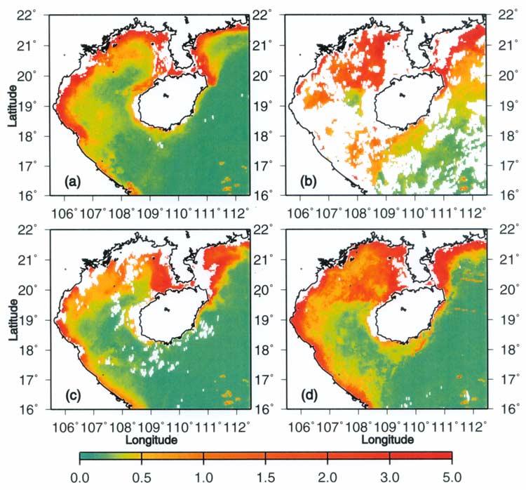 6-4 HU ET AL.: TIDAL FRONT AROUND HAINAN ISLAND Figure 3. Monthly mean SeaWiFS-derived Chl-a images. (a) August 2000, (b) December 2000, (c) April 2000, and (d) October 2000.