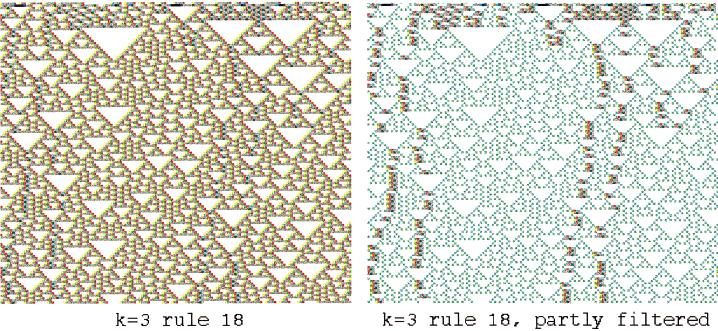 FIGURE 16 Unfiltered and partly filtered space-time patterns of k = 3 rule 18 (transformed to k = 5 rule 030c030c).