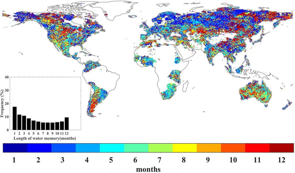 Figure 1. Spatial distribution of the length of water memory during the growing season, from 1982 to 2012, on a monthly basis. Areas with barren land (mean NDVI < 0.