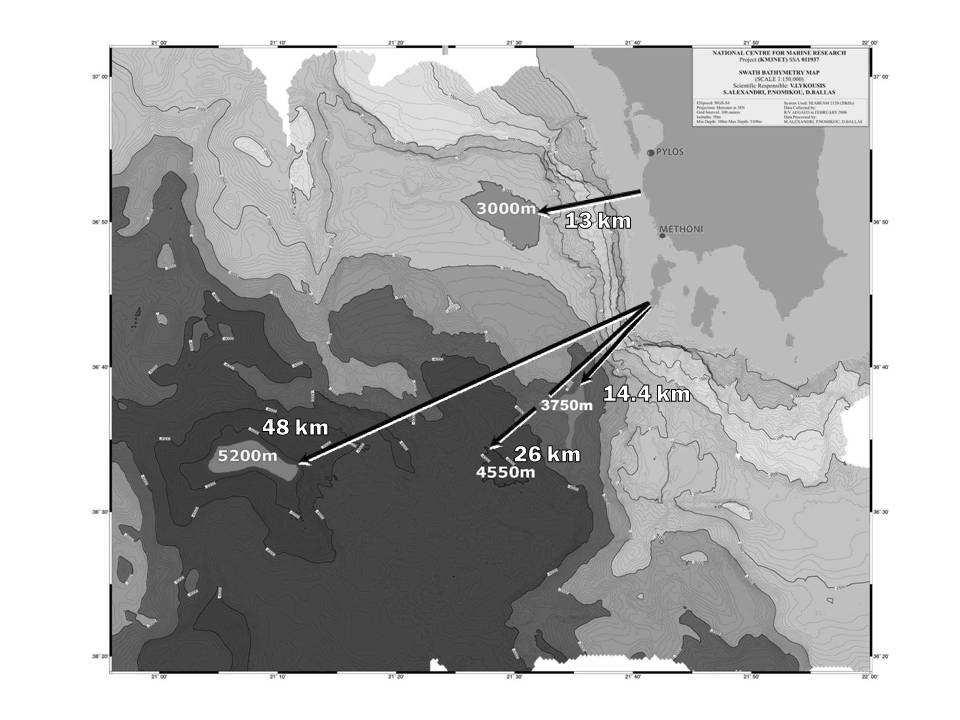 Elsevier Science 3 Figure 2 : Bathymetry of the NESTOR site, distances in km and nautical miles (nm) to the nearest landfall are indicated.