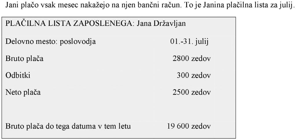 PLAČILNA LISTA 6. vprašanje: PLAČILNA LISTA Koliko denarja je Janin delodajalec nakazal na njen bančni račun 31. julija?