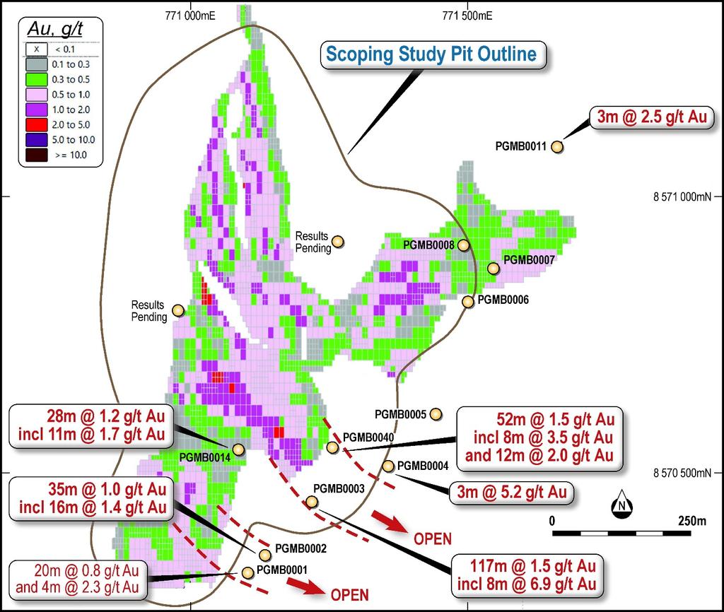 Figure 2: Map showing recent significant drilling results at the Rustlers Roost deposit which is presented as a section of the block model drawn at the 10m RL Next Steps Following receipt and